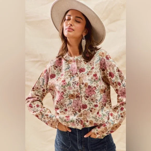Clay Rose Floral Print western boho Button Down Cardigan Sweater tunic top - Picture 4 of 6